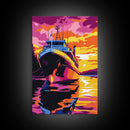 Sunset Boat Art, Nautical Wall Art, Ocean Sunset Painting, Coastal Decor, Vibrant Boat Scene, Framed Canvas Print, Living Room Art