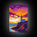 Lighthouse Art, Coastal Seascape Painting, Nautical Home Decor, Ocean Sunset Print, Beach House Wall Art, Framed Canvas Print, Office Decor