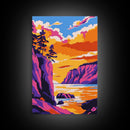 Cliffside Sunset Art, Vibrant Seascape Painting, Ocean Print, Coastal Home Decor, Beach Scene, Framed Canvas Print, Living Room Art