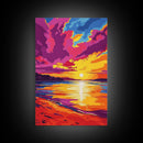 Sunset Beach, Ocean View, Coastal Wall Art, Vibrant Seascape, Living Room Decor, Nautical Aesthetic, Framed Canvas Print, Gift Idea