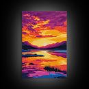 Sunset Reflection Art, Vibrant Lake Painting, Colorful Nature Canvas Print, Tranquil Home Decor, Boho Wall Art, Living Room Art