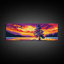 Sunset Pine Tree, Nature Wall Art, Wilderness Landscape, Adventure Decor, Framed Canvas Print, Vibrant Colors, Home Aesthetic