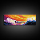Rolling Waves, Ocean Sunset, Coastal Wall Art, Vibrant Beach Scene, Framed Canvas Print, Nautical Decor, Surfer Room, Seascape Painting