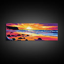 Beach Sunset, Waves and Rocks, Vibrant Coastal Art, Framed Canvas Print, Tropical Wall Art, Ocean Decor, Beach Artwork, Large Wall Art