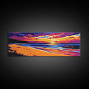 Sunset Beach, Coastal Landscape, Colorful Ocean, Tranquil View, Framed Canvas Print, Serene Wall Art, Bold Colors, Nautical Style