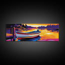 Lake Boat, Sunset Art, Cabin Decor, Vibrant Wall Art, Framed Canvas Print, Rustic Living Room, Nautical Art, Bold Seascape Painting