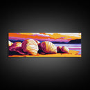 Seashell Beach, Vibrant Sunset, Coastal Landscape, Bold Colors, Framed Canvas Print, Living Room Wall Art, Tropical Vibes, Nautical Art
