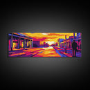 Sunset Street, Urban Glow, Cityscape Silhouette, Vibrant Colors, Framed Canvas Print, Living Room Decor, Bold Abstract, Urban Landscape