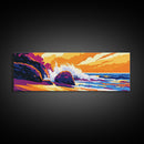 Rocky Shore, Ocean Wave, Sunset Coastline, Vibrant Nature, Framed Canvas Print, Beach House Decor, Bold Seascape, Nautical Style