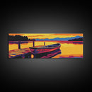 Lake Boat, Sunset Reflection, Framed Canvas Print, Cabin Wall Art, Nautical Home Decor, Serene Landscape, Vibrant Art, Nature Scene