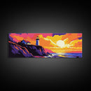 Lighthouse Sunset, Coastal Art, Nautical Wall Decor, Beach House Art, Vibrant Seascape, Framed Canvas Print, Living Room Wall Art