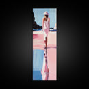 Woman in White, Beach Walk, Elegant Minimalist Art, Framed Canvas Print, Feminine Aesthetic, Living Room Art, Pastel Color Palette