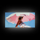 Pink Umbrella, Summer Vibes, Coastal Aesthetic, Modern Boho Art, Vibrant Pastel Decor, Bedroom Wall Art, Framed Canvas Print