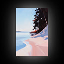 Secluded Beach, Coastal Pines, Ocean Sunset Art, Nature Wall Decor, Framed Canvas Print, Minimalist Seascape, Living Room Art, Boho Print