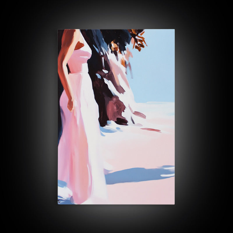 Woman in Dress, Feminine Wall Art, Beach Scene, Soft Pastel Print, Framed Canvas Print, Romantic Home Decor, Elegant Artwork