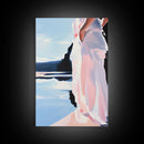Woman by Water, Soft Pastel Art, Romantic Beach Scene, Minimalist Print, Framed Canvas Print, Tranquil Home Decor, Feminine Wall Art