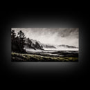 Foggy Hills, Woodland Landscape, Monochrome Art, Canvas Print, Rustic Nature Decor, Peaceful Wall Art, Mountain Art