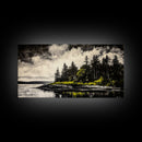 Island Escape, Black and White Landscape, Coastal Home Decor, Framed Canvas Print, Nature Wall Art, Cabin Living Art