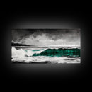 Green Ocean Wave, Dramatic, Black and White, Framed Canvas Print, Coastal Wall Art, Surfer Decor, Beach House Art, Nautical Decor