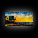 Lifeguard Tower, Sunset, Coast, Framed Canvas Print, California Beach Wall Art, Surf Decor, Vibrant Seaside Art, Coastal Home Decor