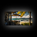 Oceanfront Cafe, Tropical Beach View, Nautical Home Art, Relaxing Coastal Decor, Boho Beach House, Seaside Paradise, Framed Canvas Print