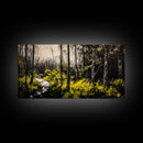 Forest Pathway, Autumn Woodland, Yellow Foliage, Moody Nature Art, Black and White, Peaceful Retreat, Cabin Wall Decor, Framed Canvas Print
