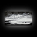 Black and White Beach, Moody Sky, Stormy Waves, Framed Canvas Print, Minimalist Wall Art, Modern Home Decor, Nautical Landscape