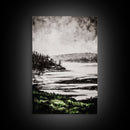 Misty Mountain View, Black and White Landscape, Minimalist Nature Wall Art, Bedroom Decor, Framed Canvas Print, Neutral Aesthetic