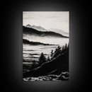 Misty Mountain, Black White Wall Art, Landscape Painting, Nature Artwork, Modern Home Decor, Minimalist Art, Framed Canvas Print