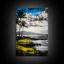 Tropical Beach Scene, Coastal Landscape Art, Black White Blue Yellow, Palm Tree Ocean Decor, Relaxing Home Gift, Framed Canvas Print
