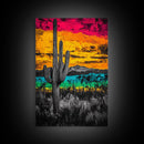 Desert Cactus, Vibrant Sunset Southwest Painting, Bold Desert Art, Framed Canvas Print, Western Home or Office Wall Decor