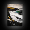 Coastal Cliffs, Ocean Waves, Beach Landscape, Nature Wall Art, Framed Canvas Print, Living Room Decor, Modern Seascape, Blue Tones