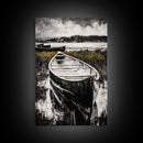 Canoe on Water, Lakeside Reflection, Framed Canvas Print, Nature Art, Cabin Wall Decor, Black and White Landscape, Serene Home Accent