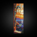 Swing Balcony, Sunset Painting, Framed Canvas Print, cozy seaside, balcony swing view, dreamy boho home decor, tropical romantic sunset wall art