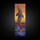 Dolphin Ocean, Sunset Splash, Vibrant marine wall decor Framed Canvas Print, colorful coastal boho art, beach house wall art