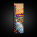 Sunset Waves, Colorful Leaves, Beach Serenity, Framed Canvas Print, vibrant ocean wall decor, boho coastal living room art