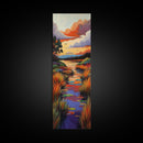 Autumn, River, Sunset, Painting, Framed Canvas Print of colorful river marsh landscape, Fall wall decor, rustic living room boho art
