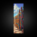 Fence Desert, Colorful, Southwest Boho Vibes Framed Canvas Print, Rustic Living Room Art, Eclectic Wall Decor, Vibrant Folk Style