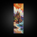 Seascape Beach, Sunrise, Rocks, Framed Canvas Print, Coastal seascape beach painting, vivid sunrise wall decor, coastal living room wall art