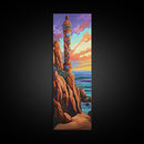 Lighthouse Coastline, Sunset Majestic — Framed Canvas Print, coastal wall art, nautical decor, seascape lighthouse painting, beach house print