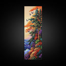 Forest Cliffside, Birds, Ocean, Canvas Print, vibrant fall art, whimsical nature scene, cabin wall art, living room or den decor