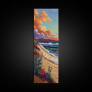 Shoreline Wildflowers, Waves, Sunset, Framed Canvas Print, beach boho art, floral coastal scene, bathroom or bedroom wall decor