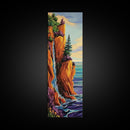 Coastal Cliffside, Waterfall, Pines - Framed Canvas Print, vibrant coastal landscape art, boho nature painting, hallway or office wall art
