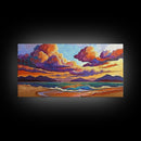 Colorful Sunset, Clouds, Mountains, Framed Canvas Print vibrant beach wall decor, sky and sea painting, boho art, coastal living room