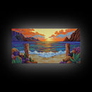 Sunset Beach, Waves, Colorful sunset beach seascape with waves and mountain view, Canvas Print, tropical coastal wall decor