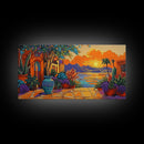 Sunset Courtyard, View, Vibrant sunset courtyard scene with ocean and mountain backdrop, Framed Canvas Print, kitchen wall art