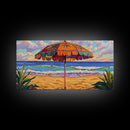 Umbrella Beach, Ocean, Framed Canvas Print, Colorful Beach Umbrella Painting, Retro Coastal Wall Decor, Summer Kitchen Art