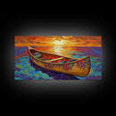 Canoe Sunset, Ocean, Solitude, Framed Canvas Print, Tranquil Beach Wall Art, Summer Decor, Nautical Painting, Living Room Accent