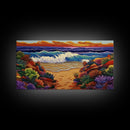Waves Beach, Sunset, Coastal, Framed Canvas Print, Ocean Wall Art, Colorful Seascape Decor, Nautical Living Room Accent, Coastal Vibes