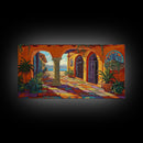 Courtyard Villa, Colorful, Tiles, Framed Canvas Print, Spanish villa artwork, warm terra cotta boho decor, kitchen or hallway wall art